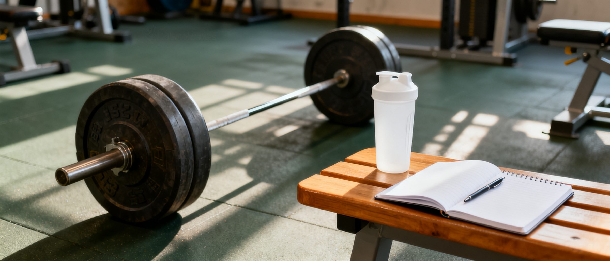 A barbell, a shaker bottle and a notebook of training numbers on a gym bench